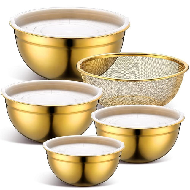Teenyyou Gold Mixing Bowls with Airtight Lids Stainless Steel Mixing Bowl Set of 5, 4 Metal Nesting Organizers 4 in 1 Colander Non-slip Bottom Size 1.5, 2.0, 2.5, 4.0 Qt for Baking Serving Food