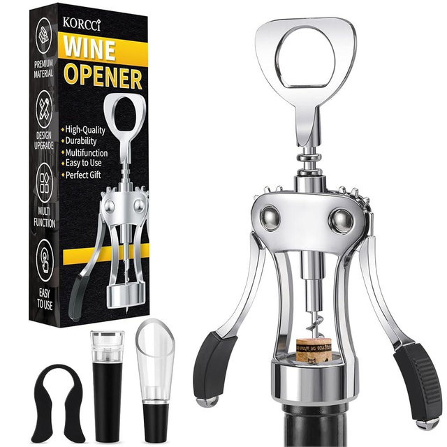 KORCCI Multifunctional Wine Bottle Opener Gift Set - Heavy-Duty Zinc Alloy Wing Corkscrew, Foil Cutter, Vacuum Stopper & Aerator Pourer for Kitchen, Bar, Restaurant, Bartenders
