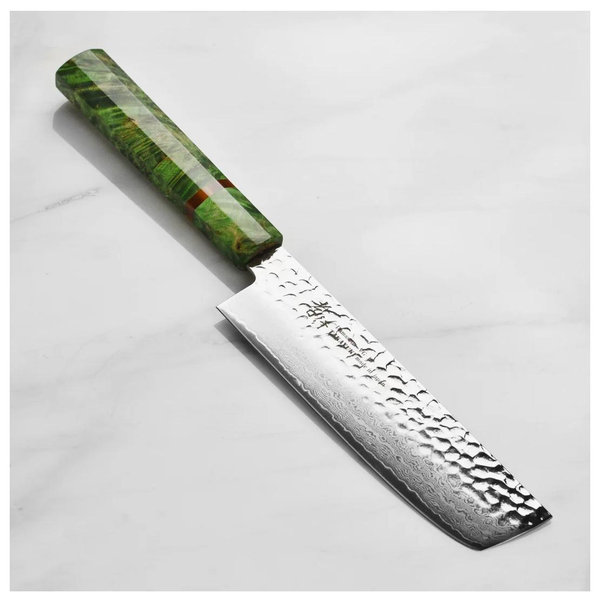 Takayuki Tsuchime Damascus 6.7" Nakiri, Green Stabilized Handle