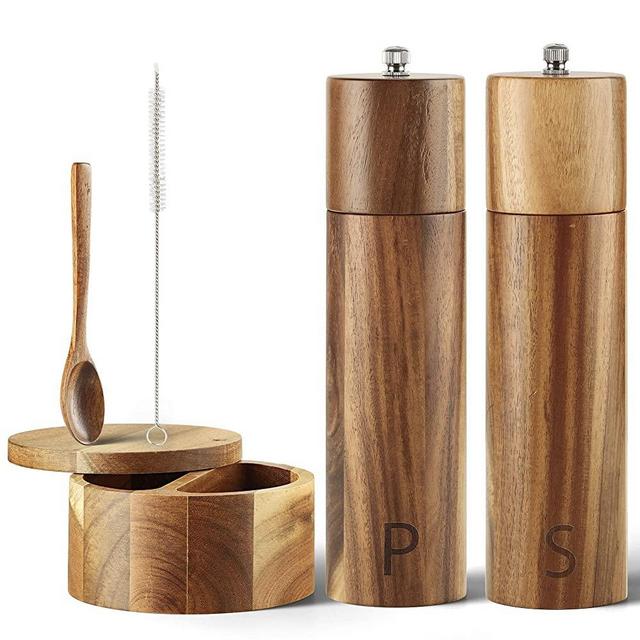 Wooden Salt and Pepper Grinder Set - Premium Set Includes Salt and Pepper Mill, Salt and Pepper Box with Swivel Lid, Spoon & Cleaner Tool - Perfect Salt and Pepper Shakers Gift (8 inch)