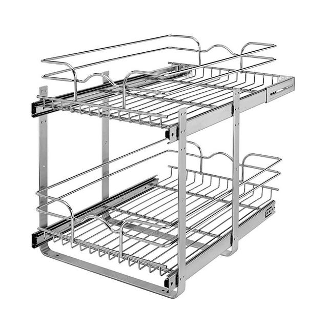 Rev-A-Shelf 5WB2-1522CR-1 15 x 22 Inch 2-Tier Wire Basket Pull Out Shelf Storage for Kitchen Base Cabinet Organization, Chrome