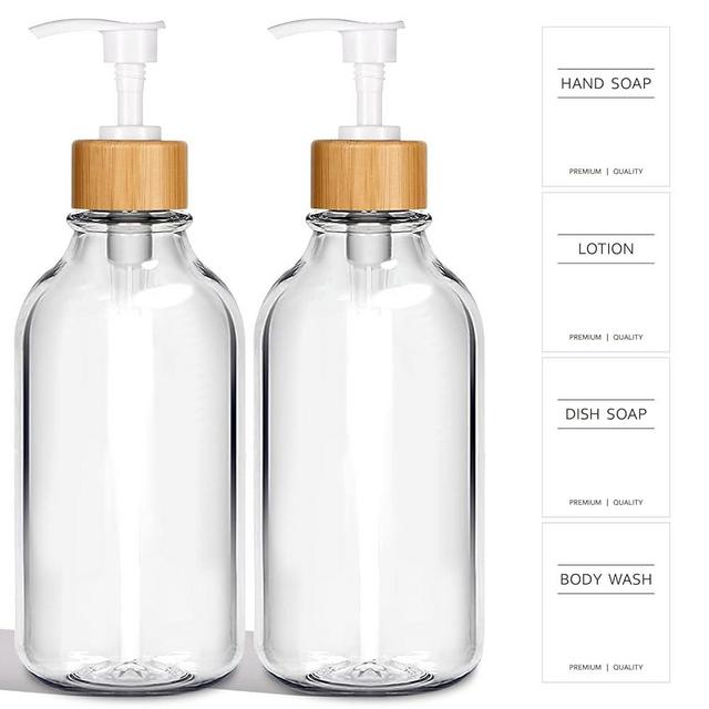KASUNTING Clear Soap Dispenser, 2 Pack Bathroom Hand Soap and Lotion Dispenser Set with Bamboo Pump, 16 Oz Plastic Hand and Dish Soap Dispensers Set for Kitchen, Refillable Liquid Soap Bottles