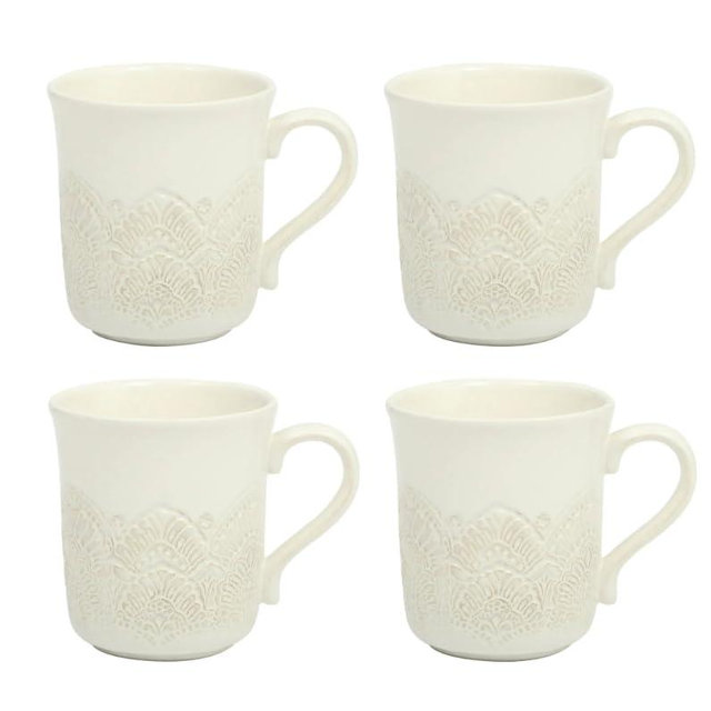 Pioneer Woman Vintage Lace Ceramic Mug Set, 4-Pack (Linen)