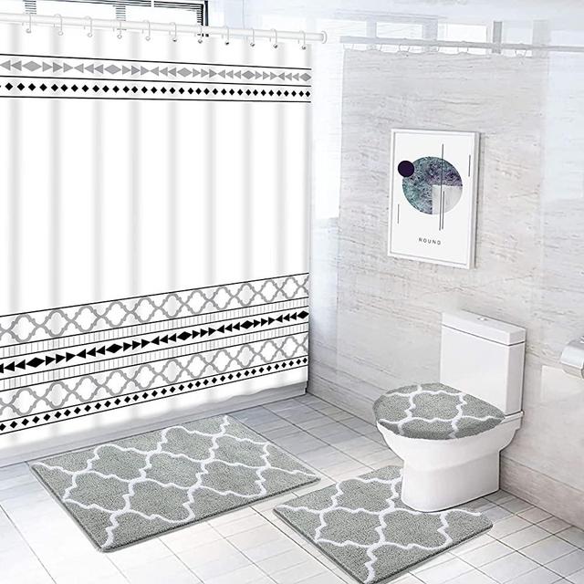 Shower Curtain Set 4 PCS, Bathroom Sets with Shower Curtain Rugs, Toilet Lid Cover and Bath Mat, Ultra Soft Microfiber Water Absorbent Rugs, Durable Waterproof Shower Curtain with 12 Hooks(71" x 71")