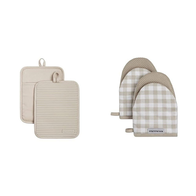 KitchenAid Ribbed Soft Silicone Water Resistant Pot Holder Set, Milkshake, 2 Piece Set & Gingham Mini Oven Mitt 2-Pack Set, Milkshake Tan, 5.5"x8"