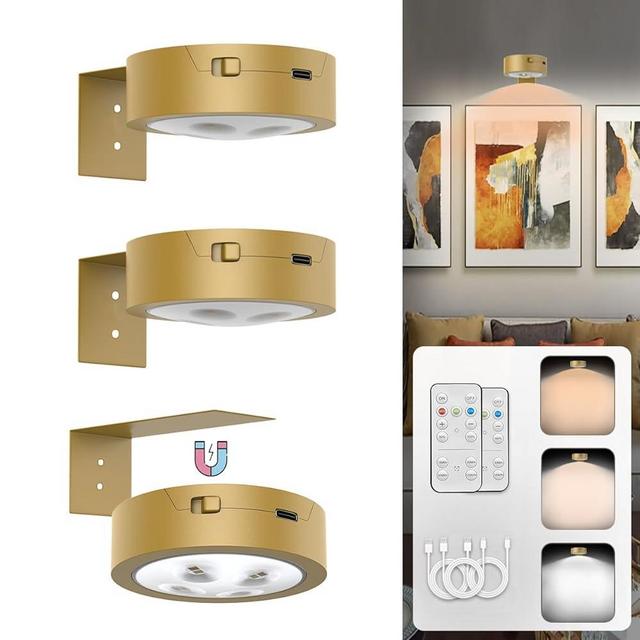 Picture Lights Rechargeable Battery Operated Wall Art Lights,Wireless Magnetic Painting Light with Remote,LED Timer&Dimmable Picture Frame lights for Artworking Picture Wall Decor(Gold, 3Pack)