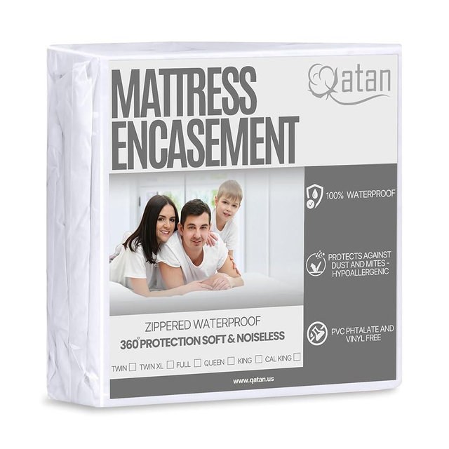 Qatan Queen Mattress Protector Encasement with Zipper – 100% Waterproof Mattress Cover – Soft, Breathable and Noiseless – Up to 15 Inch Deep Mattresses