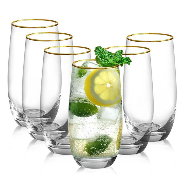 Icesip Drinking Glasses Set of 6, 18 oz Gold Rimmed Glassware Cups Drinking Crystal Tall Highball Water Glasses for Whiskey Cocktail Juice Water Beverage Mojito