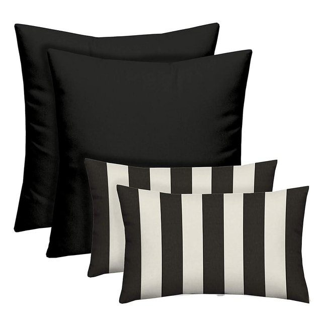 RSH DECOR Set of 4 Square and Lumbar Accent Pillows | Indoor/Outdoor All Weather Polyester Fabric | Reversible | 17"x 17"& 20" x 12" | Black + Black & White Stripe