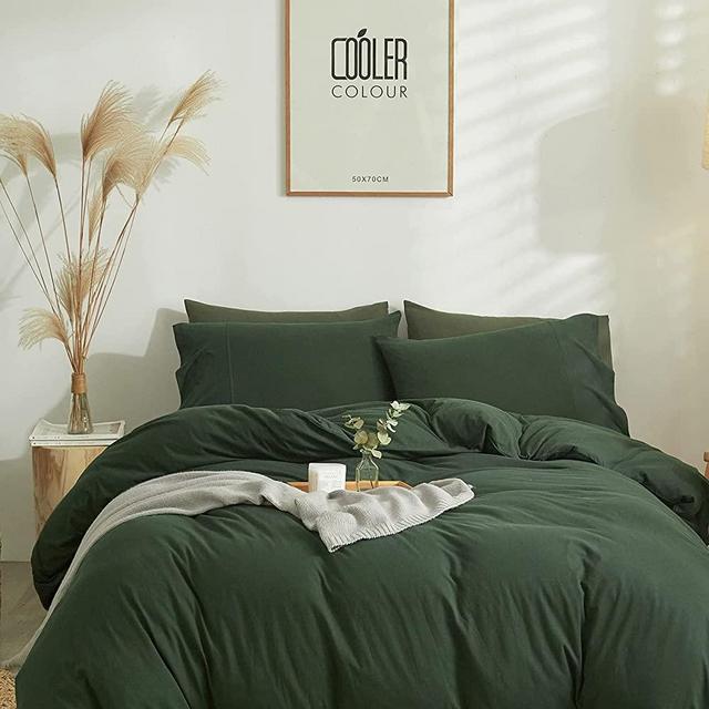 MKXI Olive Green Duvet Cover King Solid Green Bedding Set Breathable Soft Knitted Cotton Simple Bedroom Collection Easy Care Solid Color Adults Bedding Zipper Closure