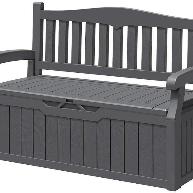 Greesum 70 Gallon Outdoor Storage Deck Box with Armrest Bench Lockable, Waterproof and UV Resistant, Suitable for Garden, Pool, Patio, Grey