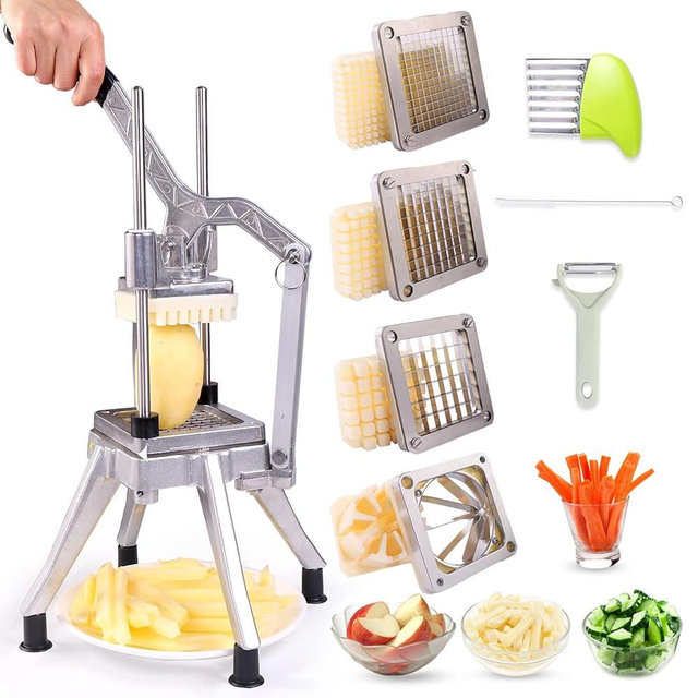 Ezcasch French Fry Cutter Commercial Potato Chopper Stainless Steel Vegetable Dicer Fruit Slicer for Onion,Cabbage,Carrots,Potato,Mushroom,with 4 Blades(1/4",3/8",1/2",8 wedge slice)