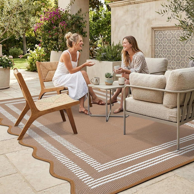 Garvee Waterproof Outdoor Rug 5x8, Scalloped Geometric Foldable Plastic Straw Patio Camping Rug, Outdoor RV Carpet for Deck Camper Porch Balcony Backyard Picnic Beach Brown and White