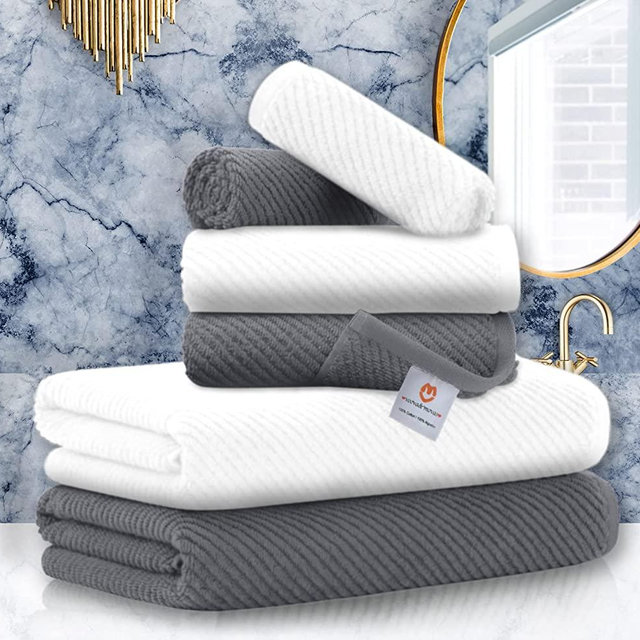 Towels for Bathroom,6 Pieces Gift Set,100% Cotton | Large | Soft | Quick Dry, 2 Bath towels 30×56inch, 2 Hand towels 18×28, 2 Wash Cloths 13×13,Hotel & Spa，Mothers Day Towel Gift,(Grey and White)
