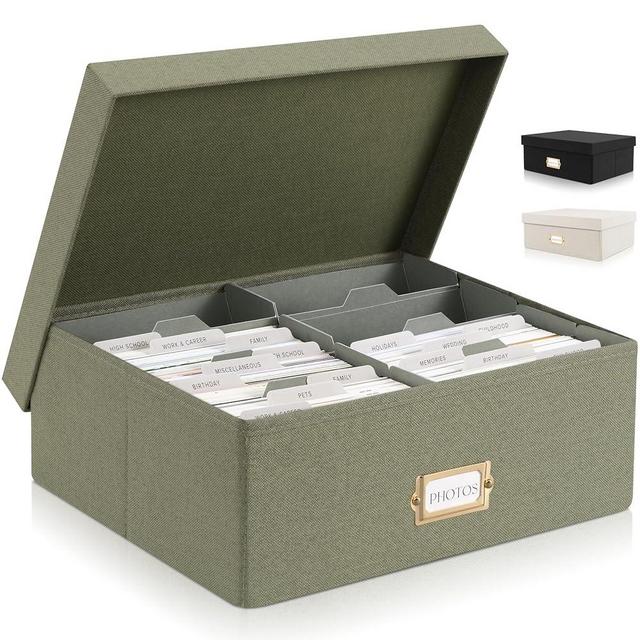 ZICOTO Decorative Photo Storage Box - Sturdy Linen Photo Organizer with Dividers is Perfect to Store Up to 1700 Pictures and 4x6 Photos - Portable Scrapbook Storage Containers with Lid