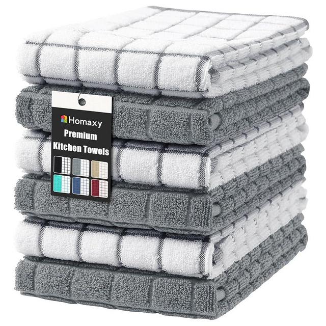 Homaxy Premium Cotton Kitchen Towels 16"x 28", Large Natural Ring Spun 390 GSM Dish Towels, Super Absorbent Terry Kitchen Hand Towels, Soft Tea Towel with Hanging Loop, Grey Check Design, 6 Pack