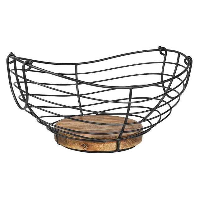 Enlea Modern Farmhouse Fruit Basket for Kitchen Counter, Vintage Wire and Wooden Base Fruit Bowl for Kitchen Decor