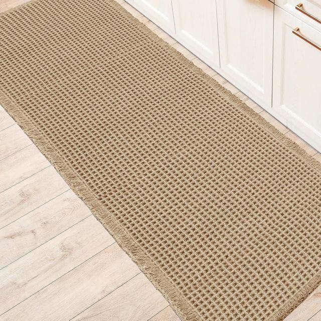 IM HOME Waffle Bath Mat Beige 6'x2', Boho Woven Modern Bathroom Rug Mat, Absorbent Non Slip Bathroom Floor Mat, Soft Washable Bath Rugs with Tassels for Bathroom, Bedroom, Kitchen, Shower, Tub