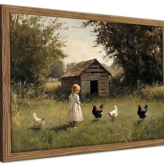 Vintage Country Framed Wall Art, Little Girl and Chick Canvas Prints, Rustic Landscape Picture Painting, Pastoral Farmhouse Wall Decor for Living Room Bedroom – Dark Wooden Frame 16x24in