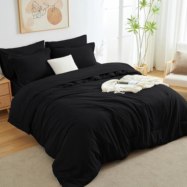 CozyLux King Comforter Set Black, 7 Pieces Bed in a Bag Soft Bedding Comforter Set with Sheets, All Season Boho 7PC Bed Sets with Comforter, Fitted Sheets, Flat Sheets, Pillow Shams and Pillowcases