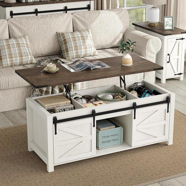 Furnihold Coffee Table 47.3'' Lift Top Coffee Table with Storage, Modern White Coffee Table with Sliding Barn Doors, Farmhouse & Rustic Rectangle Center Table for Living Room, Office, Brown Top