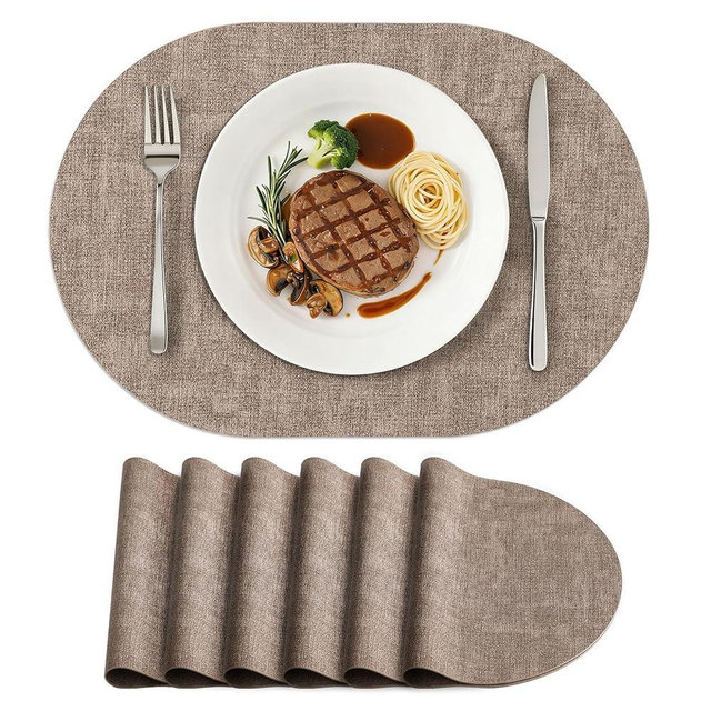 homing Placemats Set of 6, Heat Resistant Oval Faux Leather Place Mats 11.8 x 17 Inch, Waterproof Wipeable Reversible PU Placemat for Kitchen Dining Table, Indoor & Outdoor, Light Brown
