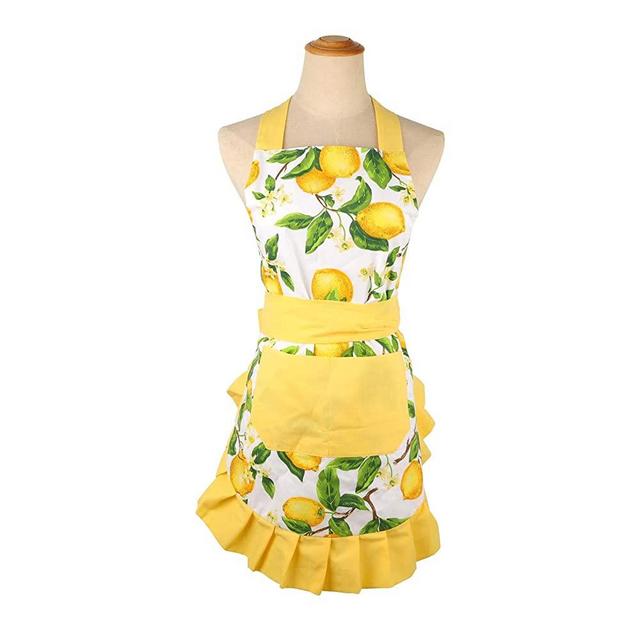 Lemon Cotton Women's Kitchen Apron Adjustable Cooking Baking Garden Chef Apron with Pocket