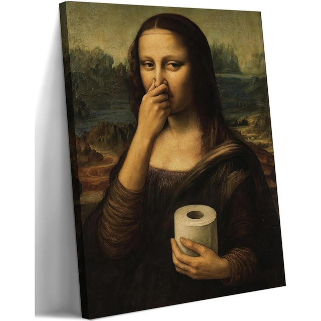 Funny Mona Lisa Bathroom Canvas Wall Art Humor Amusing Toilet Art Pinching Nose Wall Decor Celebrity Classical Vintage Painting Whimsical Poster Print for Bathroom Restroom Decoration 12x16in