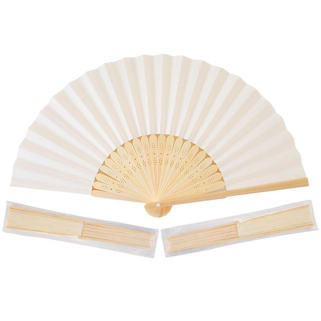 Sepwedd 50pcs Cream-Coloured Paper Hand Fan Bamboo Folding, Handheld Paper Fan for Wedding Party and Home Decoration