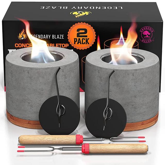 2 Pack Gardenix Decor Concrete Tabletop Fire Pit with Bamboo Base; Burns Ethanol and Multiple Fuels; 2 Extending Marshmallow Roasting Stick Forks; Table Top Fire Pit Bowl / Mini Tabletop Fireplace
