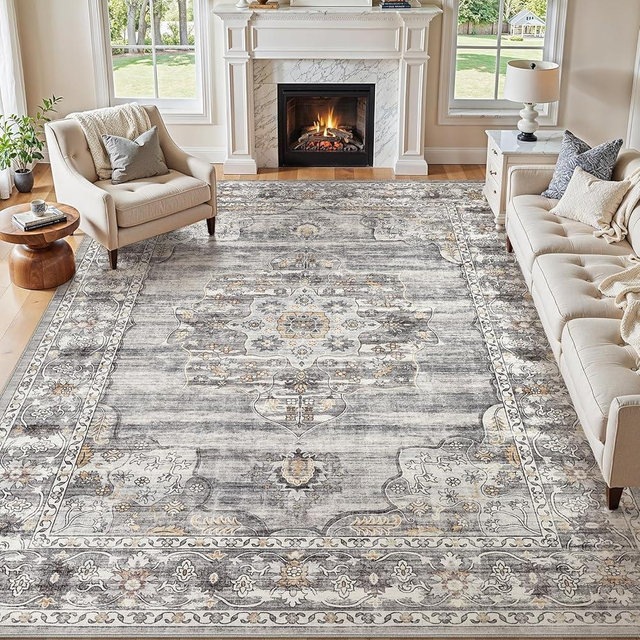 Jessibou Washable 9x12 Area Rug for Living Room & Dining Room - Large Vintage Farmhouse Soft Carpet with Non-Slip Backing, Stain Resistant Low-Pile Indoor Rug for Home Office, Kid & Pet Friendly- Grey
