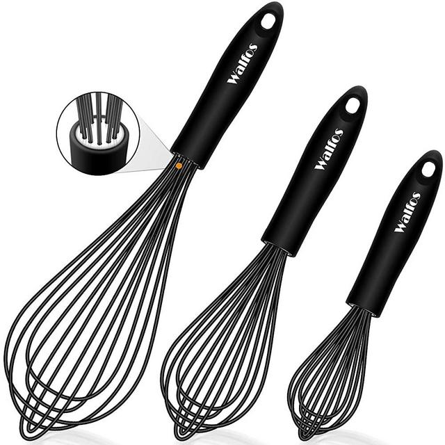 Walfos Silicone Whisk, Stainless Steel Wire Whisk Set of 3 -Heat Resistant Kitchen Whisks for Non-stick Cookware, Balloon Egg Beater Perfect for Blending, Whisking, Beating, Frothing & Stirring, Black