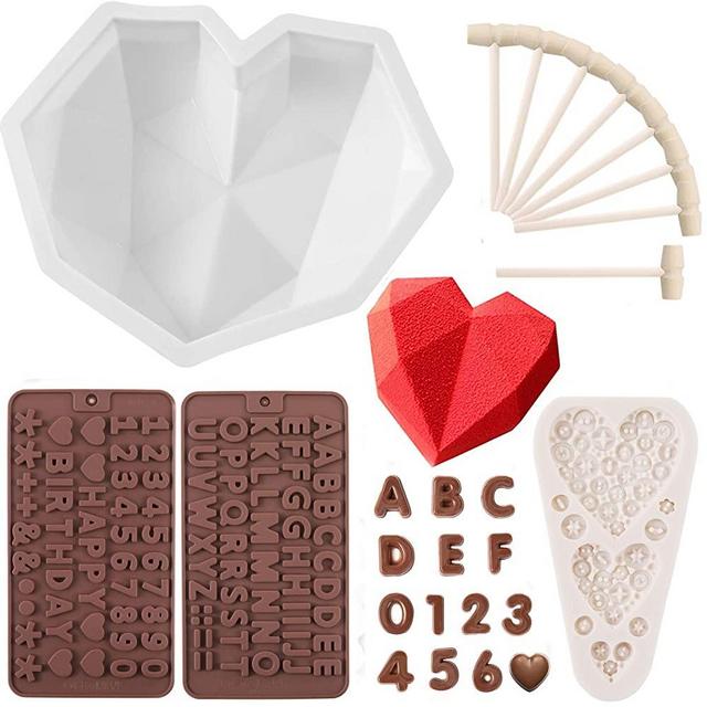 HSJL Heart Shaped Mold for Chocolate Set - Breakable Heart Mold with 8Pcs Wooden Hammers, Number and Letter Mold, Heart Button Fondant Mold, Perfect for Birthday, Valentine Candy, Chocolate Making