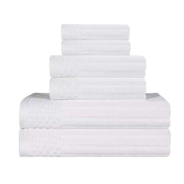 Cotton Highly Absorbent 6-Piece Solid and Checkered Border Towel Set, White - Blue Nile Mills