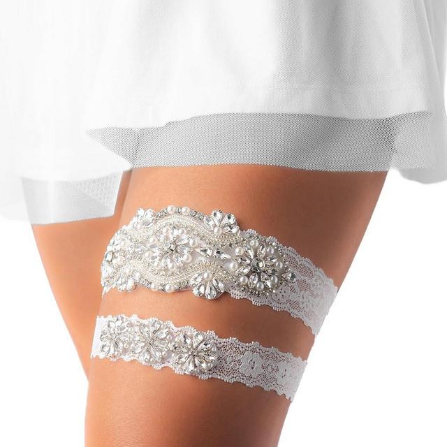 White Stretch Lace Rhinestone Pearl Garter, Wedding Garter Set with Toss Garter, Bridal or Prom Garter Set, Liga Para La Boda