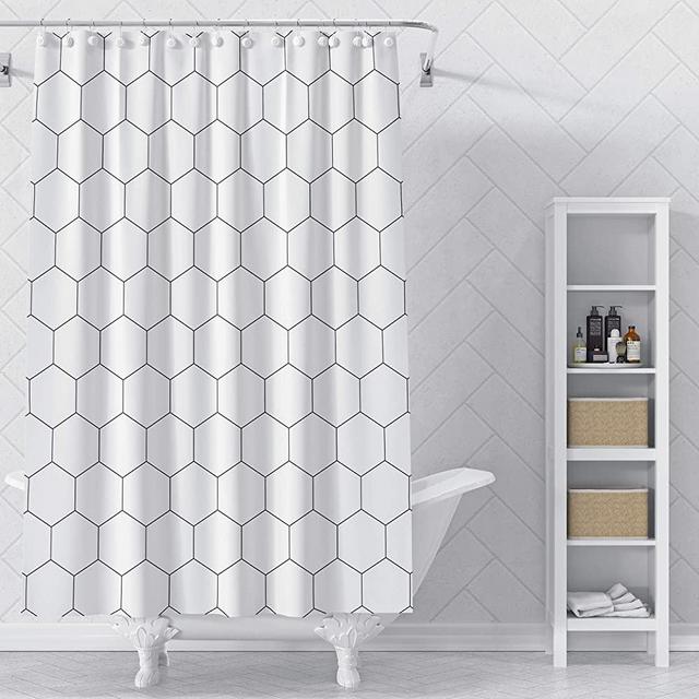 VEGA U Hexagon Fabric Shower Curtain for Bathroom, Modern Bath Decor with Hooks, Hotel Quality, 72x72 Inch (White)