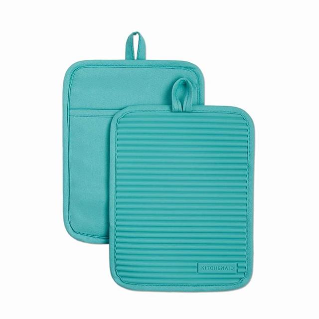 KitchenAid Kitchen Aid Ribbed Soft Silicone Pot Holder Set, 7"x9", Aqua Sky