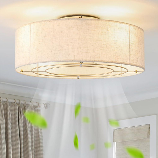 YMKSKJ Low Profile Ceiling Fans with Lights, 20" Boho Rattan Ceiling Fan with Light Flush Mount and Remote Control, Drum Caged with 6 Speeds for Bedroom, Nursery, Living Room