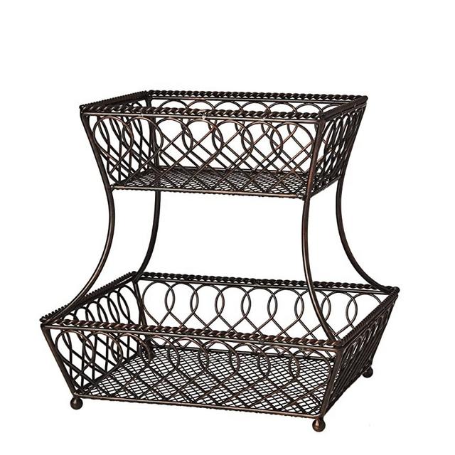 Gourmet Basics by Mikasa 5201553 Loop and Lattice 2-Tier Metal Rectangular Fruit Storage Basket, 14-Inch, Antique Black