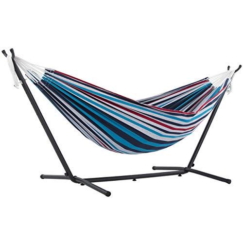 Vivere Double Cotton Hammock with Space Saving Steel Stand, Denim (450 lb Capacity - Premium Carry Bag Included)