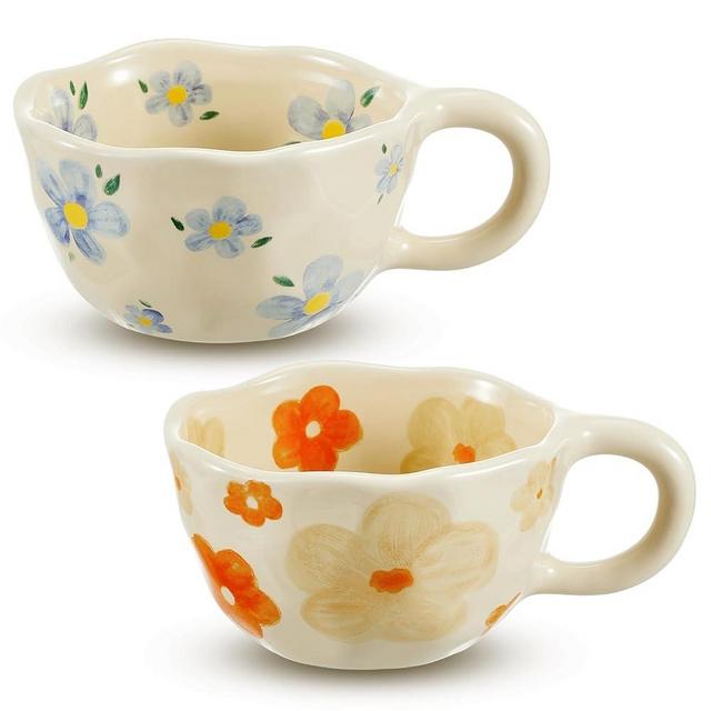 Vesici 2 Pcs Ceramic Coffee Mug Creative Flower Cup Floral Mug with Handles 8.5 oz Cute Aesthetic Tea Porcelain Mug for Office Home, Dishwasher and Microwave Safe (Vivid)