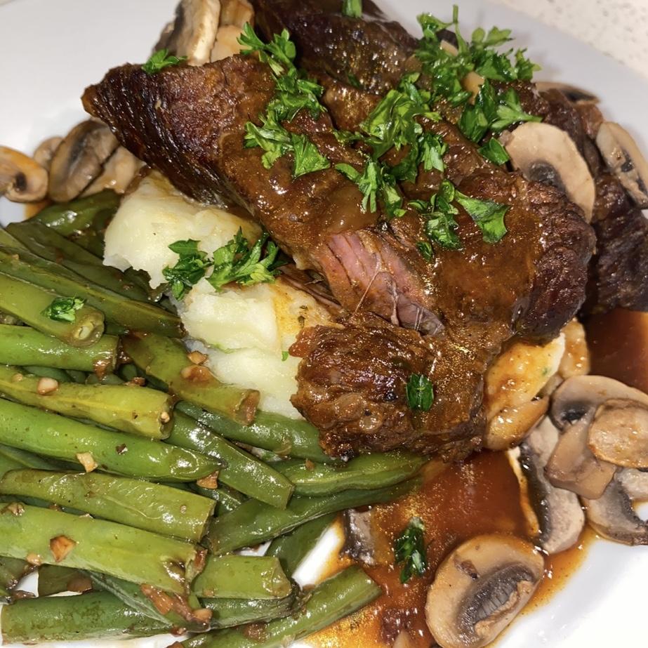 Our “go to” fancy at home dinner—red wine braised short rib with garlic mashed potatoes and a green (to pretend it’s healthy)