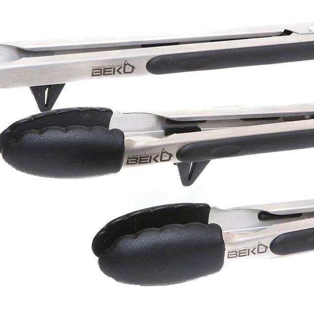 Beku Stainless Steel Kitchen Tongs for Barbeque Cooking Grilling Turner, Heavy Duty Non-Stick Silicone Tips Tongs. A Serving and Feeding Set for Your Kitchen Collection Set of 3 sizes 7, 9 and 12 Inch