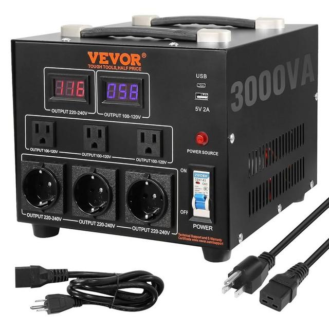 VEVOR Voltage Converter Transformer, 3000W, Heavy Duty Step Up/Down Transformer, Convert from 110 Volt to 220 Volt and from 220 Volt to 110 Volt, with US Outlet EU Outlet 5V USB Port, CE Certified