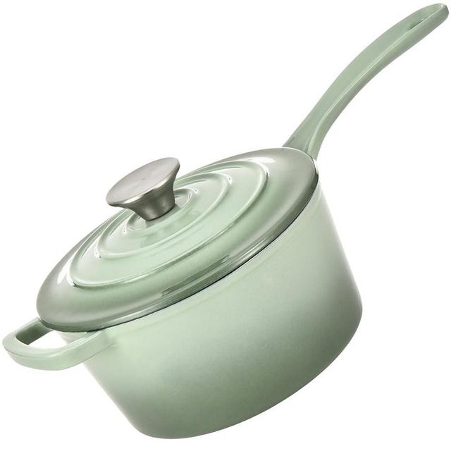 Hamilton Beach Enameled Cast Iron Sauce Pan 2-Quart Sage, Cream Enamel coating, Pot For Stove top and Oven Cooking, Even Heat Distribution, Safe Up to 400 Degrees, Durable