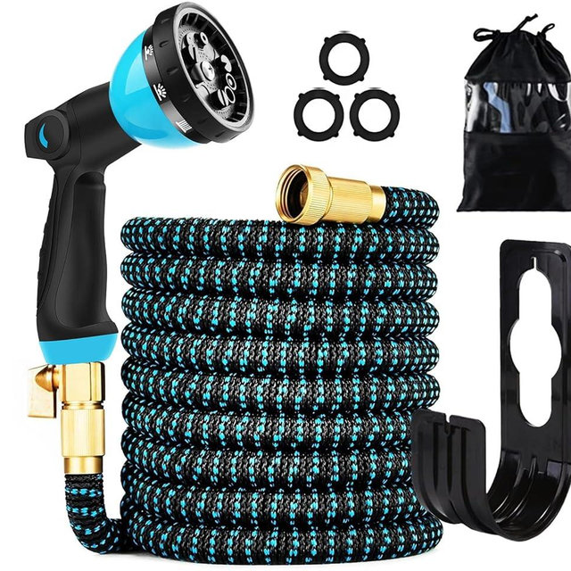 100 ft Expandable Garden Hose - Kink Free Flexible Water Hose with Thumb-Controlled 10-Function Nozzle, 3/4 Solid Brass Connectors, Retractable Latex Core - Lightweight Expanding Hose