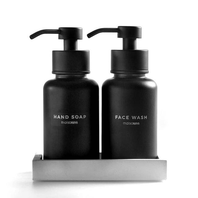 MaisoNovo Foaming Soap Dispenser with Concrete Tray & Waterproof Hand Soap & Face Wash Labels | Foaming Hand Soap Dispenser for Bathroom Countertop | Foam Soap Dispenser Black Bottle w.Tray 14oz