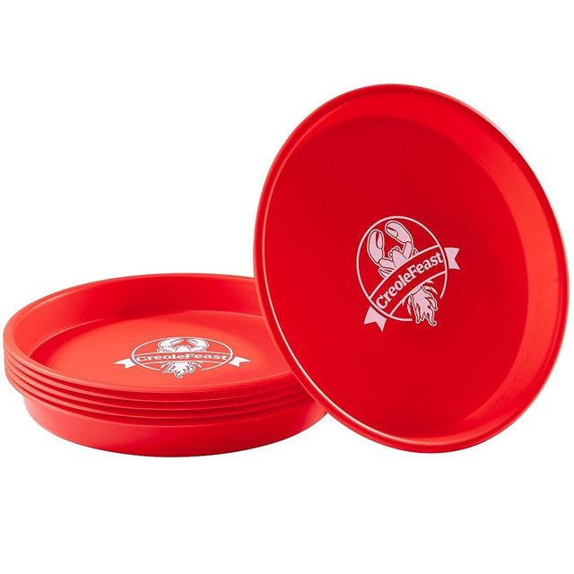 Creole Feast PP1006 15 Inch Round Crawfish Trays, 6-Pack Reusable Plastic Serving Platters for Cajun Seafood Boils, Crab, Shrimp, Lobster, BBQ, Picnics, Outdoor & Seafood Parties, Red