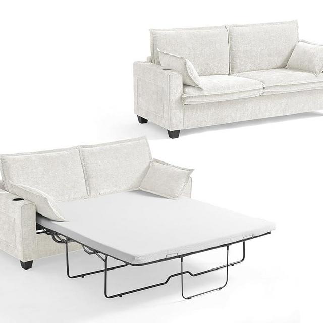 CHIC HOUSE 2-in-1 Pull-Out Sofa Bed, Convertible Chenille Sofa with 20W Fast Charging, LED Light, Memory Foam Couch Layered Cushion Trim, Full/Queen RV Sleeper Sofa, Living Room, Apartment Small Space