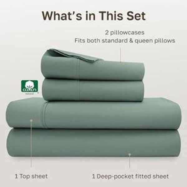 California Design Den Queen Sheet Set - Soft 400 Thread Count Sateen, Natural 100% Cotton Sheets, Deep Pockets with All Around Elastic for a Snug Fit, Durable Bedding Set - Sage Green